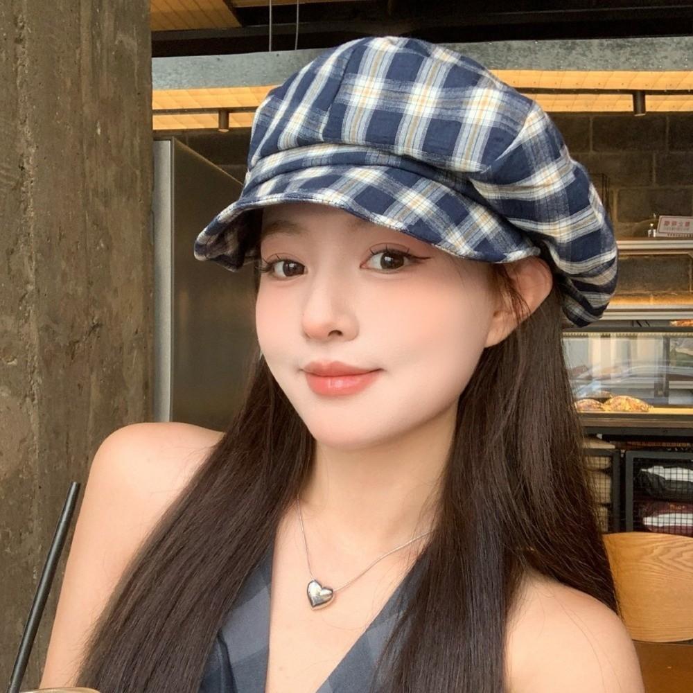 Thin Brim Plaid Beret Hat Irregular Octagonal Newsboy Peaked Hat Fashion Painter Artist Cap Travel