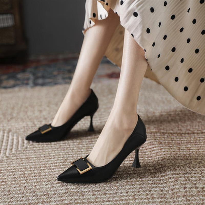 

2024 Весна Осень Новые Сетевые Красные Черные Рабочие Туфли-лодочки с острым носом на высоком каблуке Женские туфли с неглубоким вырезом на шпильке на среднем каблуке 39 чёрный