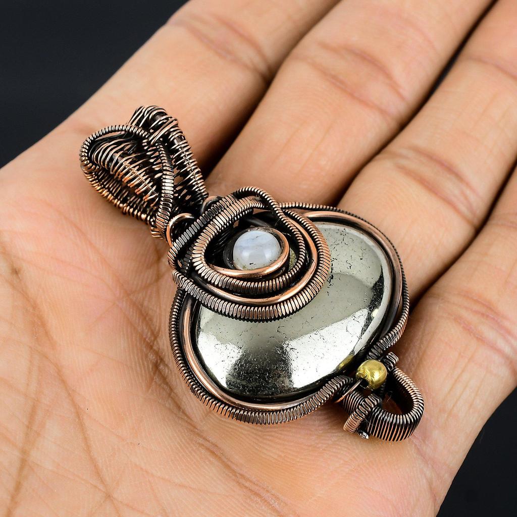 Pyrite Agate & Moonstone 999 Copper Wire Wrapped Pendant, Handmade Gemstone Pendant Jewelry, Gifts For Wife Brand New Pendant