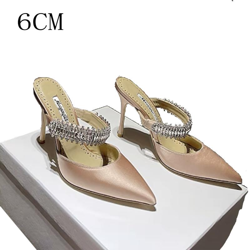 Pointy Pinheel Rhine-Diamond Chain Satin Top High Heels Mullers Pinheel Green Wedding Shoes Flat Bridesmaid Shoes