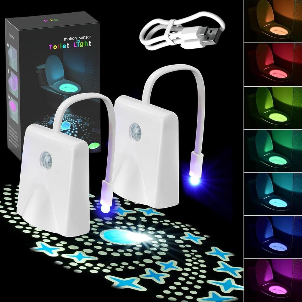 Bewegungssensor Toilettenlicht 16 Farbwechselnde LED-Nachtlicht mit Sternenprojektor USB-wiederaufladbare Badezimmerlampe für Kinder Erwachsene