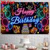 2D Black Neon Birthday Backdrop "Happy Birthday" with Glowing Party Icons for Night Party Decoration