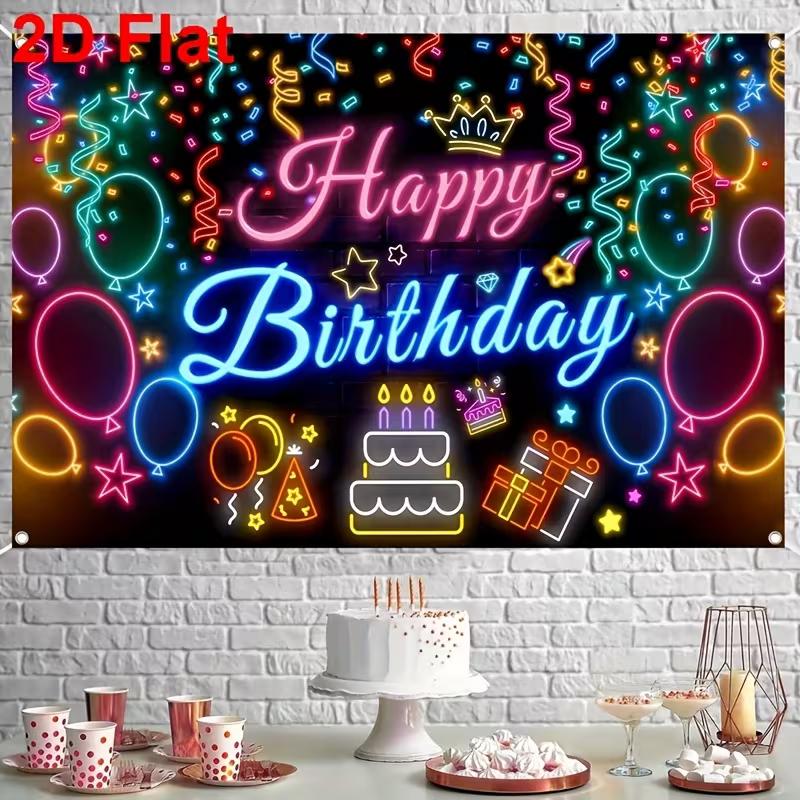2D Black Neon Birthday Backdrop "Happy Birthday" with Glowing Party Icons for Night Party Decoration