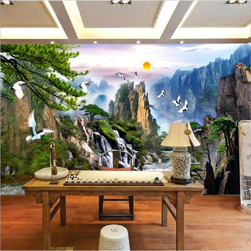 3D Wallpaper Landscape Paintings Wall Mural Sunrise Mountain Waterfalls Red-crowned Crane Wall Paper Living Room Home Decor Mural