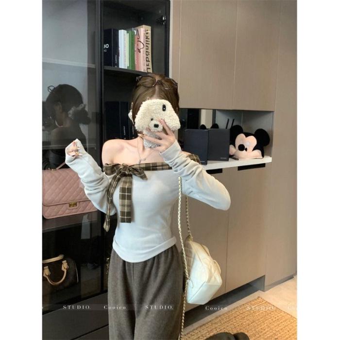 Women s Slim Fit Plaid Bow One-Shoulder Long-Sleeve T-Shirt - 2025 Winter Collection Extra Large легкие хаки