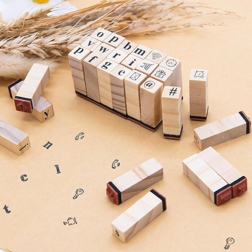 80 Pcs Tampons en Bois pour Lettre, Ensemble de Tampons de Lettres Bois avec Chiffres, Symboles et Tampon Encreur pour DIY Cartes de Vœux/Scrapbooking