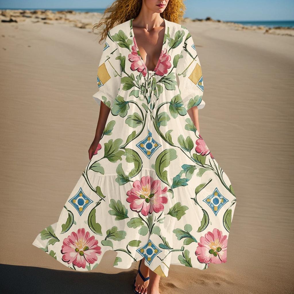Women's Summer Fashion V-neck Retro Floral Print Short Sleeved Beach Dress With Lace Patchwork Dress