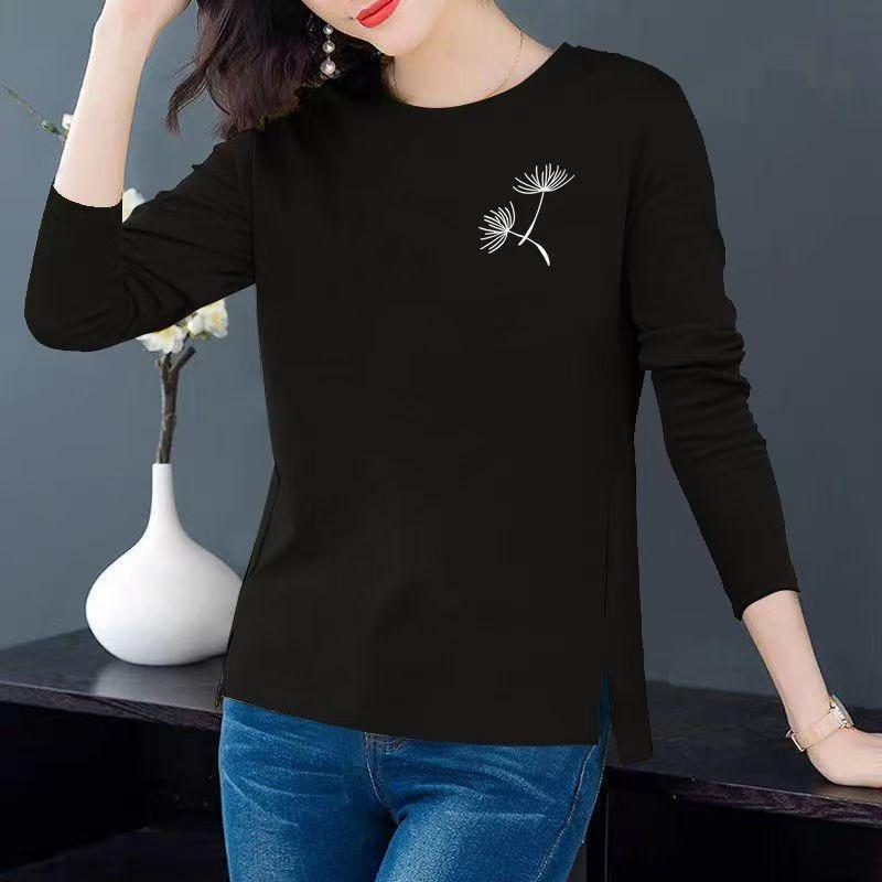 Women's Dandelion Print Long Sleeve T-shirt Casual Loose Crew Neck Side Split Top