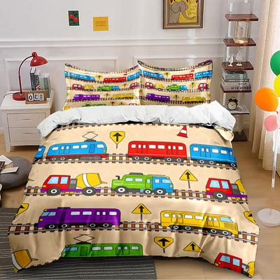 Colorful Train and Vehicle Pattern Bedding Duvet Cover Set  (1*Duvet Cover 2*Pillowcases, Without Duvet Insert)