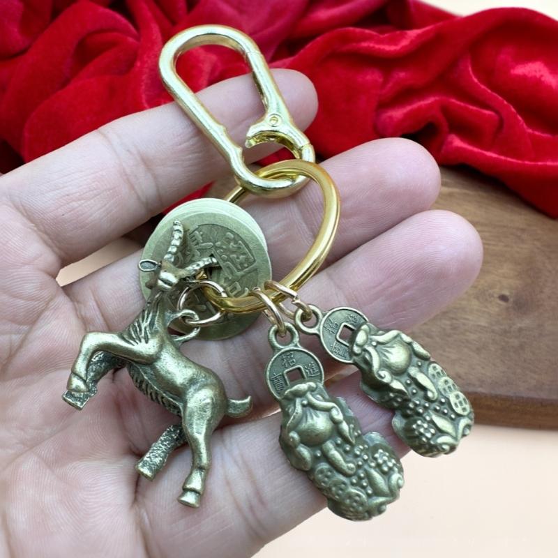 Vintage Brass Goat Keychain Pixiu Charms Lucky Chinese Coins Daily Carry Good Luck Gift For Loved Ones