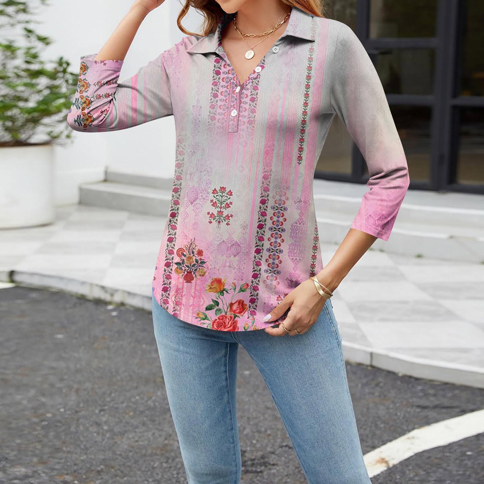 

Женская модная повседневная рубашка с лацканами и цветочным принтом на пуговицах с рукавами 3/4 XL красный