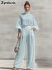 Fashion Chic Sheer Chiffon Set Solid Stand Collar Bubble Sleeve + High Waist Wide Leg Pants Two Piece Outfit