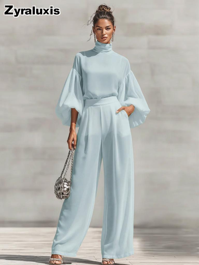Fashion Chic Sheer Chiffon Set Solid Stand Collar Bubble Sleeve + High Waist Wide Leg Pants Two Piece Outfit