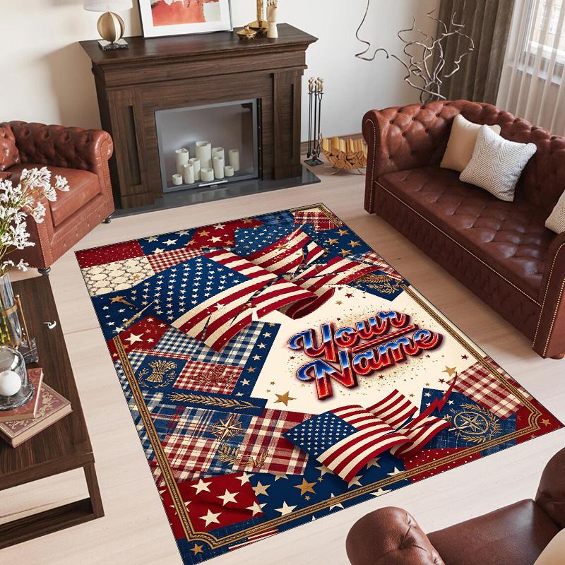 American Patriotic Theme Crystal Velvet Rug Personalized Custom Name Text Soft Floor Mat Home Decor