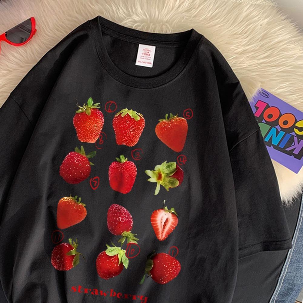 

100 Cotton Women Tshirt Cute Fresh Strawberries Printed Tee Shirt Summer Comfortable Loose Tops Harajuku Crop Top S