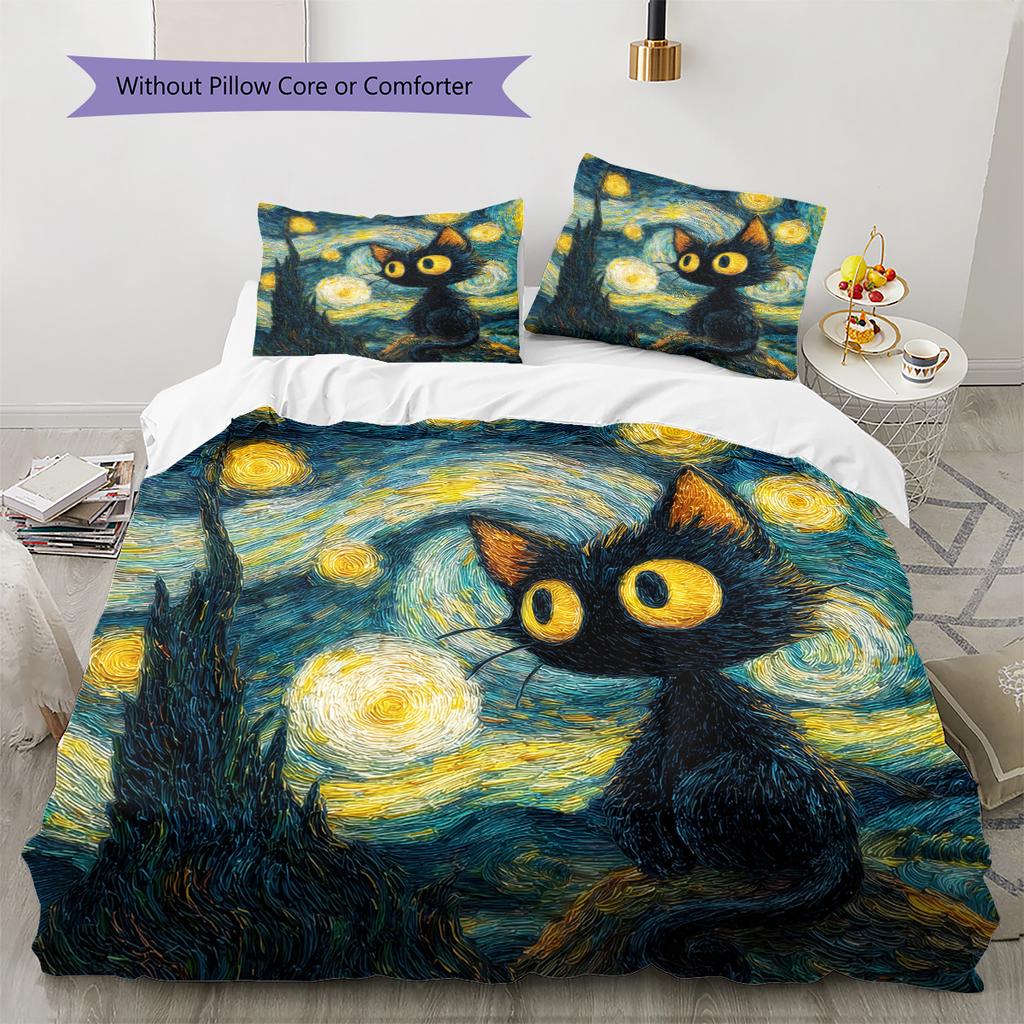 Starry Sky Black Cat  Pattern Bedding Quilt Set Quilt Cover Pillowcase Home Decoration  Gift (1 * Duvet Cover + 2 * Pillowcase, Without Core)