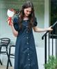 Metapeo Met Puff Sleeve Short Sleeve Long Dress Navy