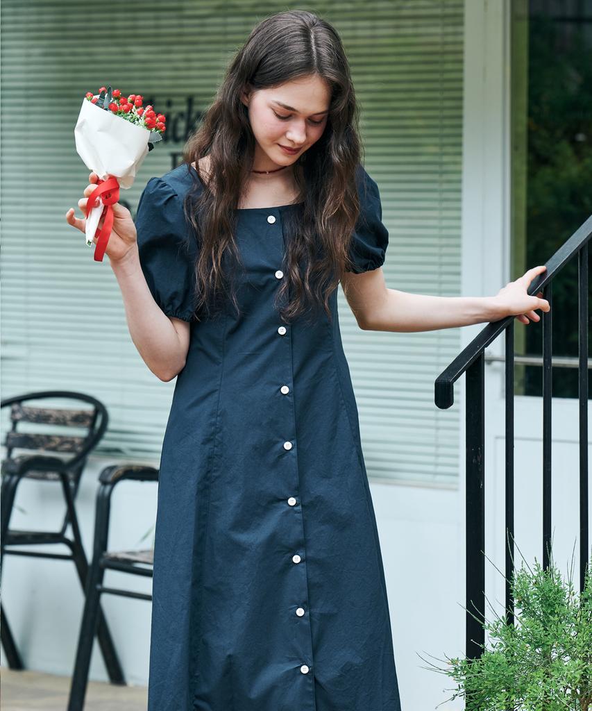 Metapeo Met Puff Sleeve Short Sleeve Long Dress Navy