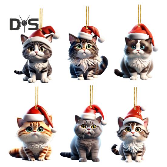 Christmas Cat Pendant Acrylic Santa Hat Cartoon Cat Hanging Decoration Key Ring Kitten Pendant Christmas Tree Decor Gift for Cat Lovers