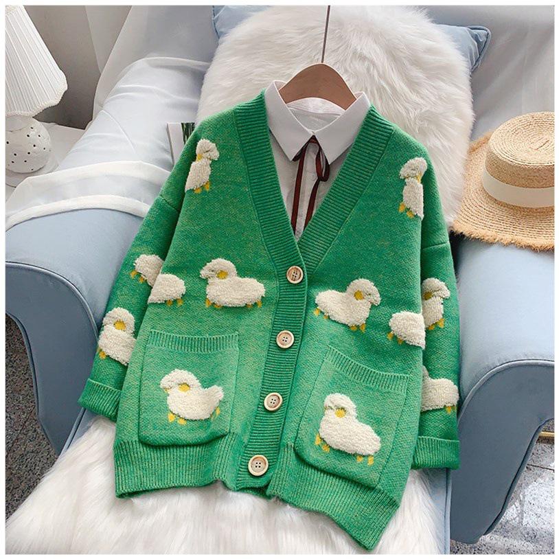 2024 Autumn Women's Lamb Pattern Loose Knit Cardigan - Thickened Knit Outerwear