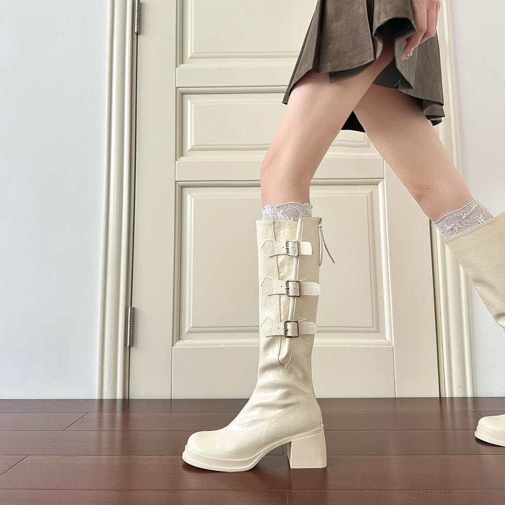 White Pile Boots Women's Autumn and Winter New Boots Women's Thick Heels But Knee Boots Women's Thick-soled Thin Boots