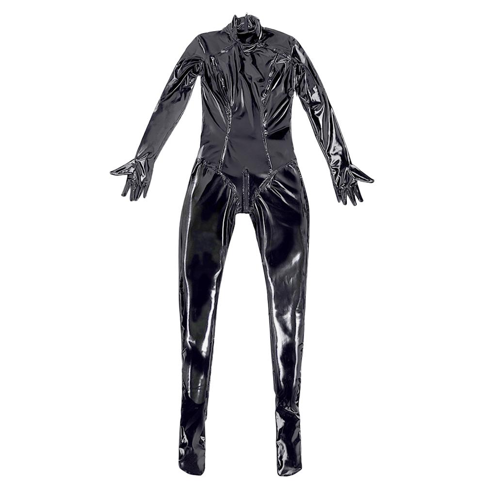 Sexy Women Glove Sleeve Pvc Wetlook Shiny Full Bodysuit Pu Elasitc Sexy Tight Zipper Crotch Maid Leotard Faux Leather
