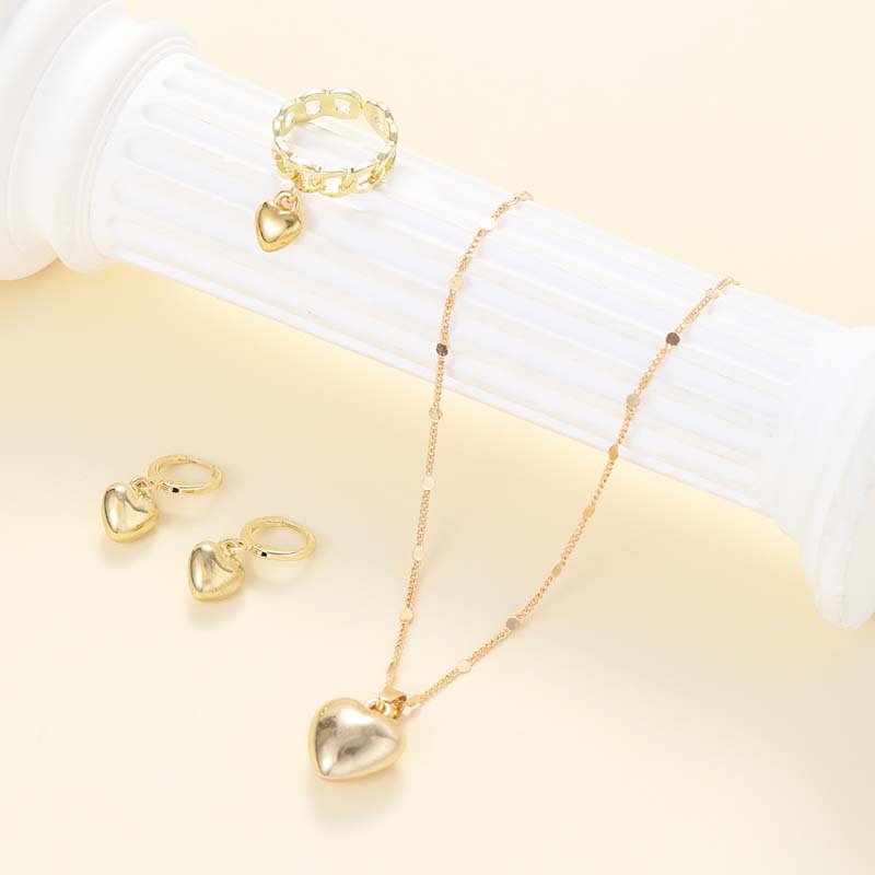4Pcs/Set Vintage Gold Color Love Heart Pendant Earrings Necklace Ring Set For Women Simple Metal Smooth Earrings Jewelry Gift