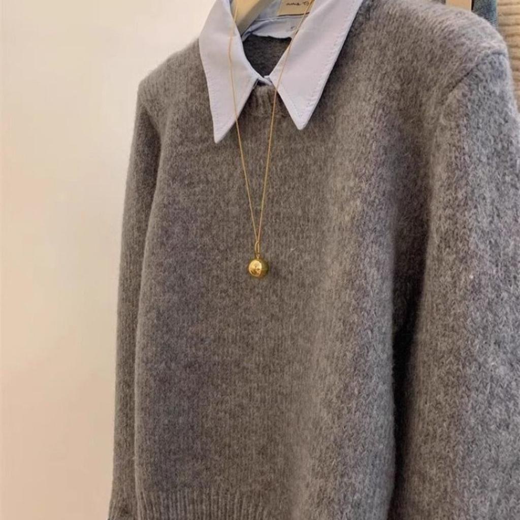 Fake Two Shirts Sweater Collar, Lazy Autumn and Winter Base Gray Knit Sweater Top Knitted