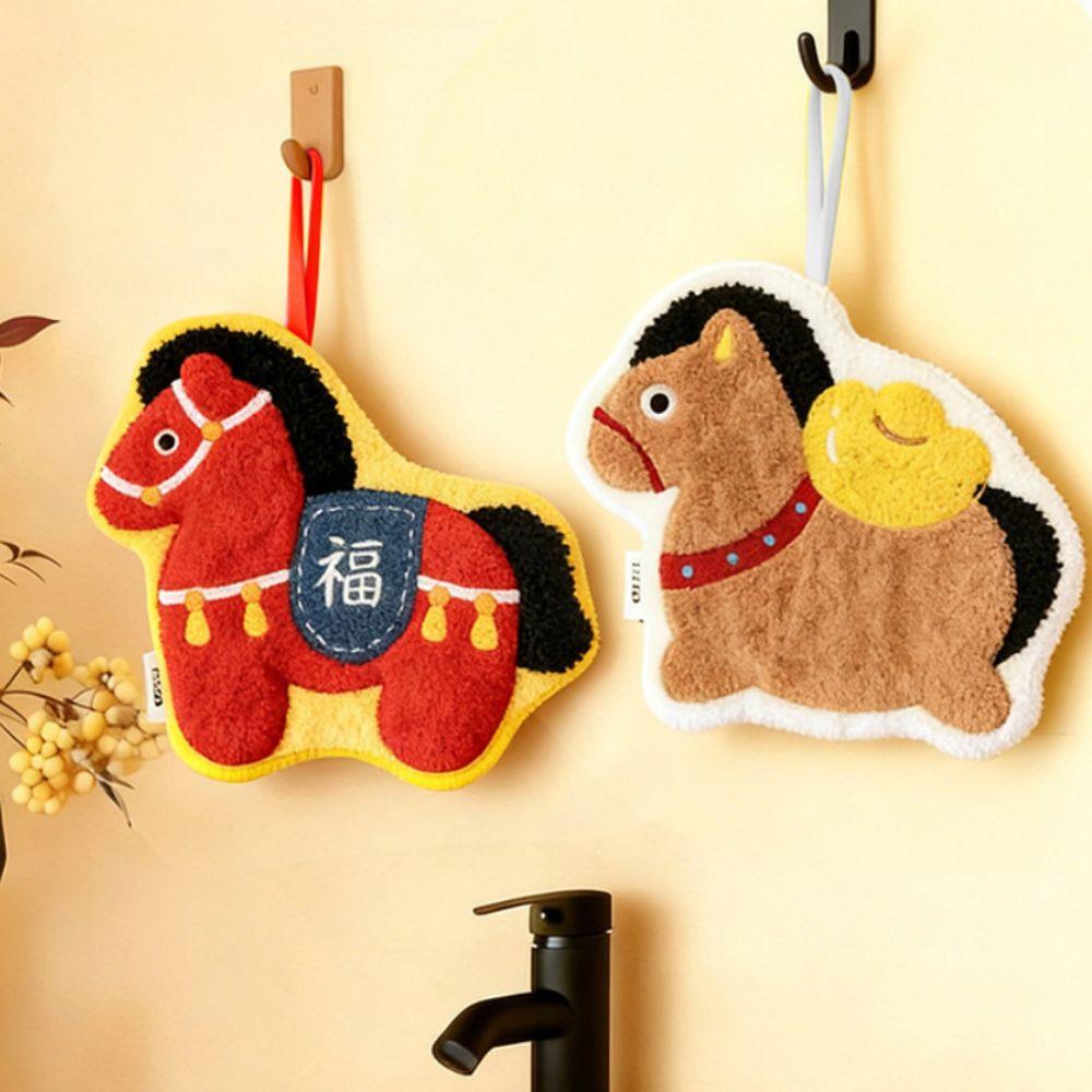 Coral Velvet Year of Horse Hand Towel Thickened Quick Drying Bathroom Kerchief Hanging Water-absorbing Washcloth Household