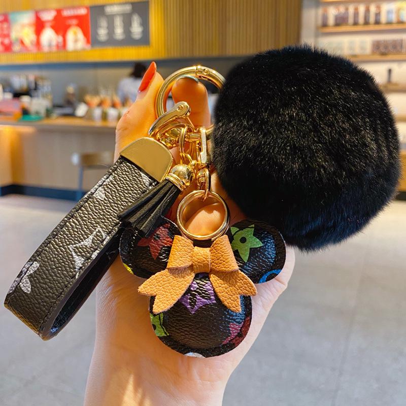 Exquisite Classic Leather Old Flower Car Pendant Keychain with Cute Ball Cartoon Rex Rabbit Fur for Women's Bags