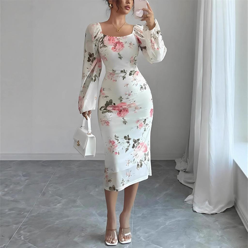 Сексуальна Темпераментна Квіткова Сукня 2025 Осінь Нова Модель Світська Левиця Сітка Квадратний Виріз Плісирована Жіноча Талія Спідниця-Олівець