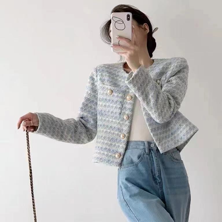 Spring and Autumn Women Pocket Single Breasted Jacket Elegant Tweed Cardigan Short Coat  for Women Loose Outwear