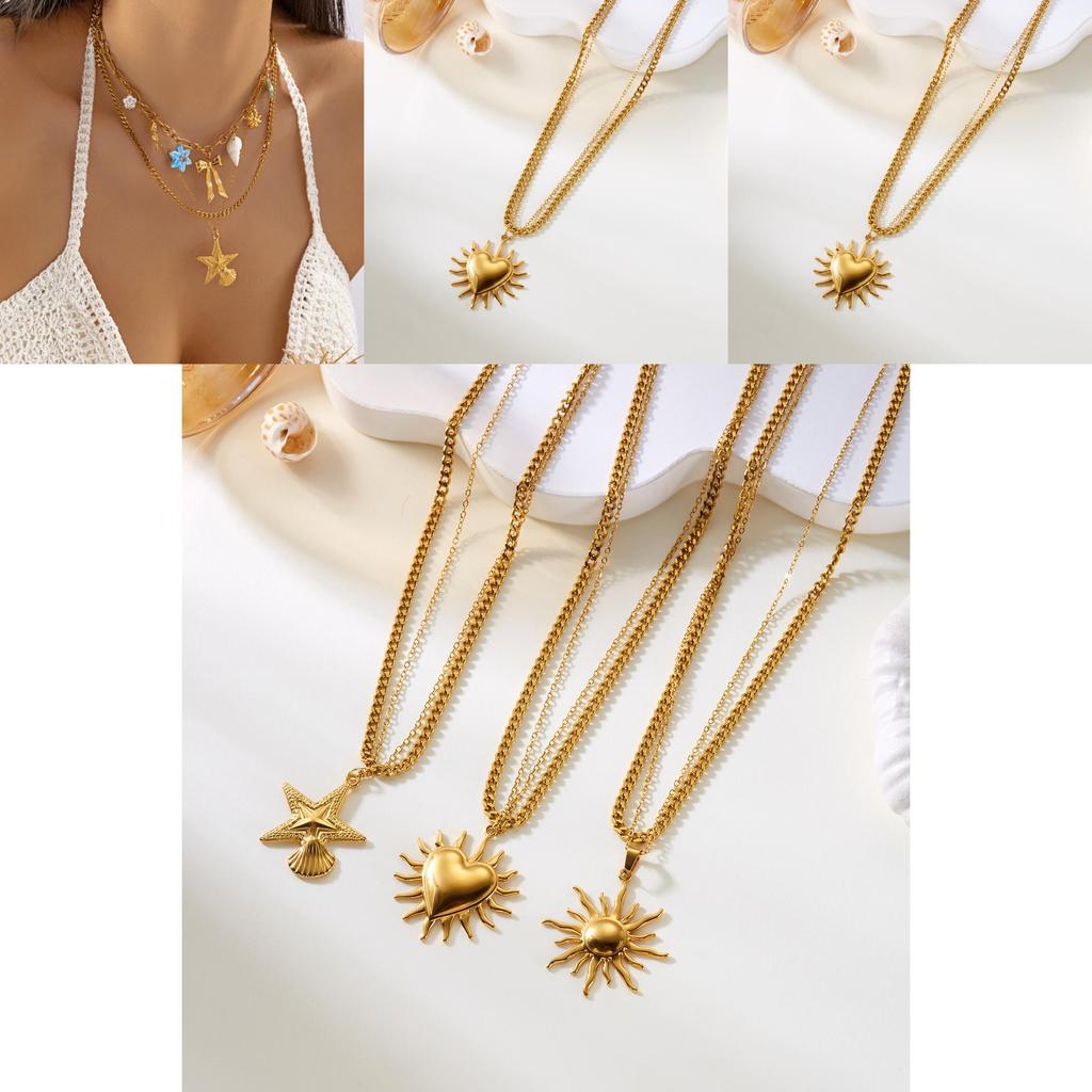Beach Style Double Layer Stainless Steel Necklace With Starfish Shell And Heart Pendant For Women And Men