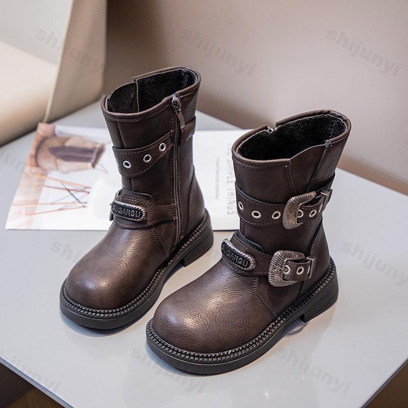 Girls Leather Boots Autumn Comfortable Outdoor Children Mid-calf Boots Platform Round Toe Belt Buckle Kids Boot