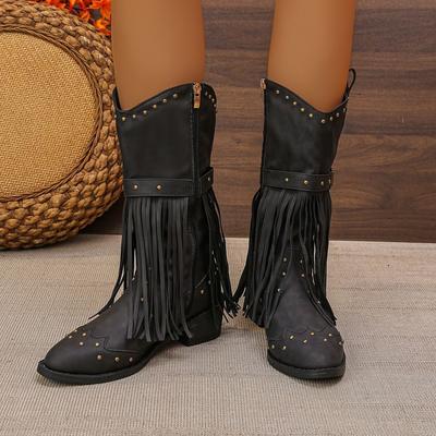 Pointed Toe Tassel Middle Heel Rivet Mid Calf Shoes Woman Spring Autumn Half High Boots for Women New Rock Footwear On Promotion