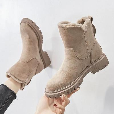 Mode Damen Schneestiefel Fell-Element Wintersaison Mittelhochschaft Plus Samt Verdickt Warm Baumwollschuhe Integrierte Plateau Damen Stiefeletten