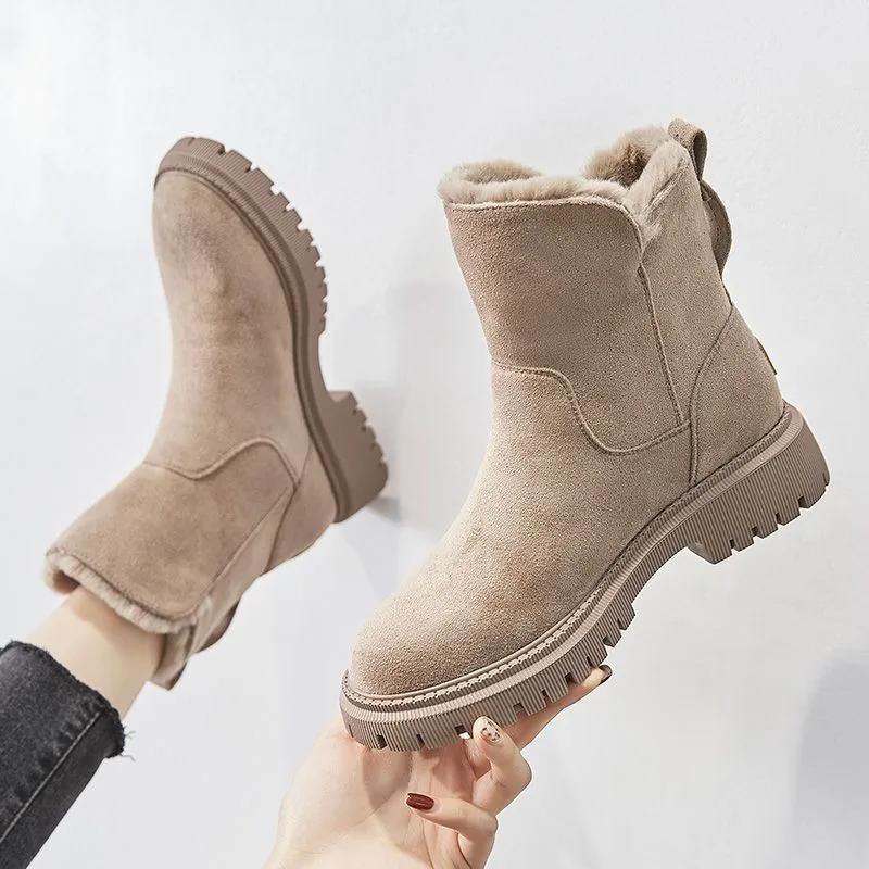 Fashion Women's Snow Boots Fur Element Winter Season Mid-Tube Plus Velvet Thickened Warm Cotton Shoes Integrated Platform Female Booties