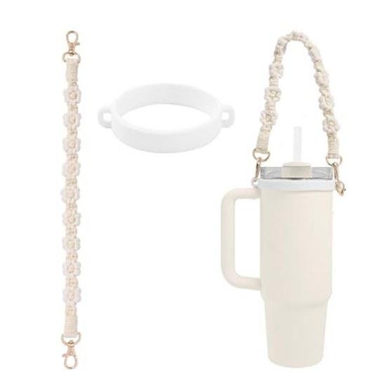 Water cup strap hand-knitted cotton rope flower design silicone straw holder portable carry tumbler cute (beige)
