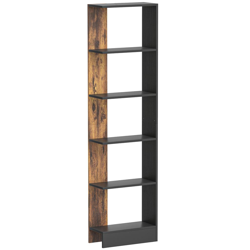 Modern Space-Saving 5-Shelf Bookcase in Wood 45x21x170 cm, Brown and Black