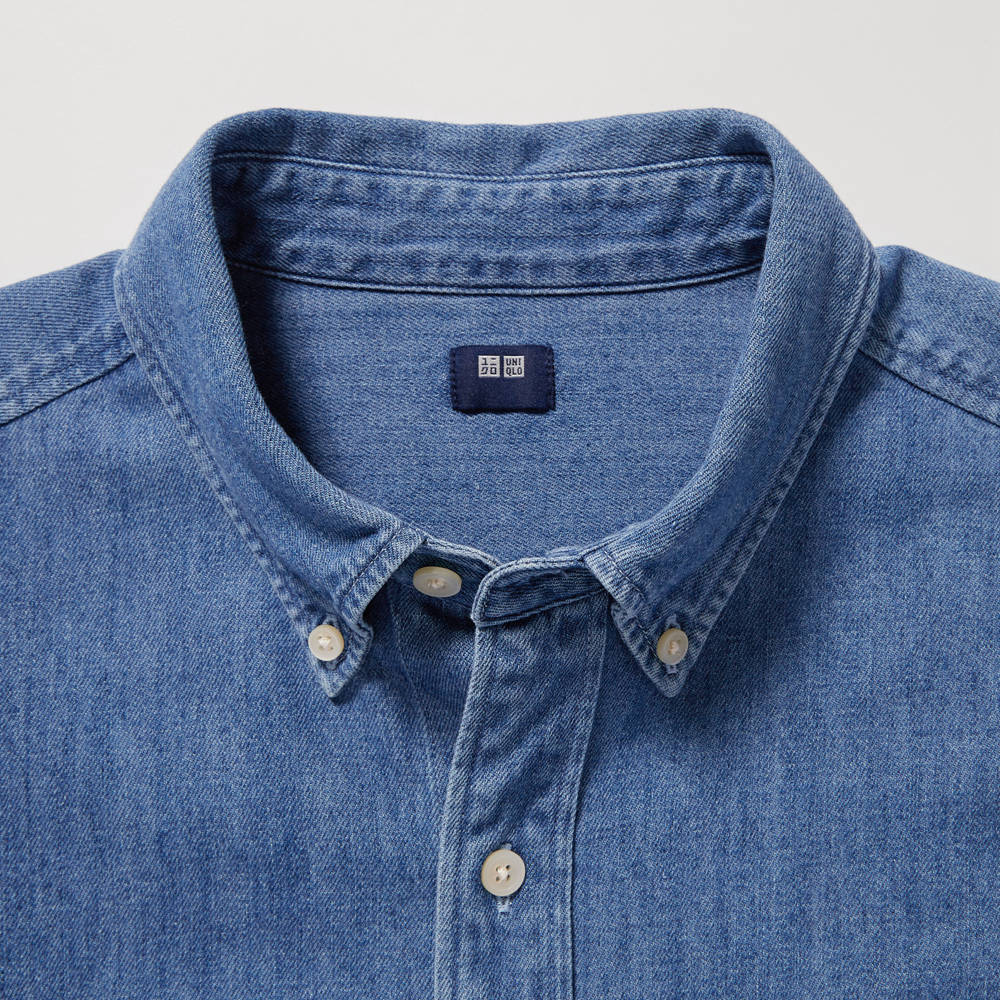 Uniqlo Solid Color Single-Breasted Long Sleeve Denim Shirt Men Shirts Sky-Blue 450262-63