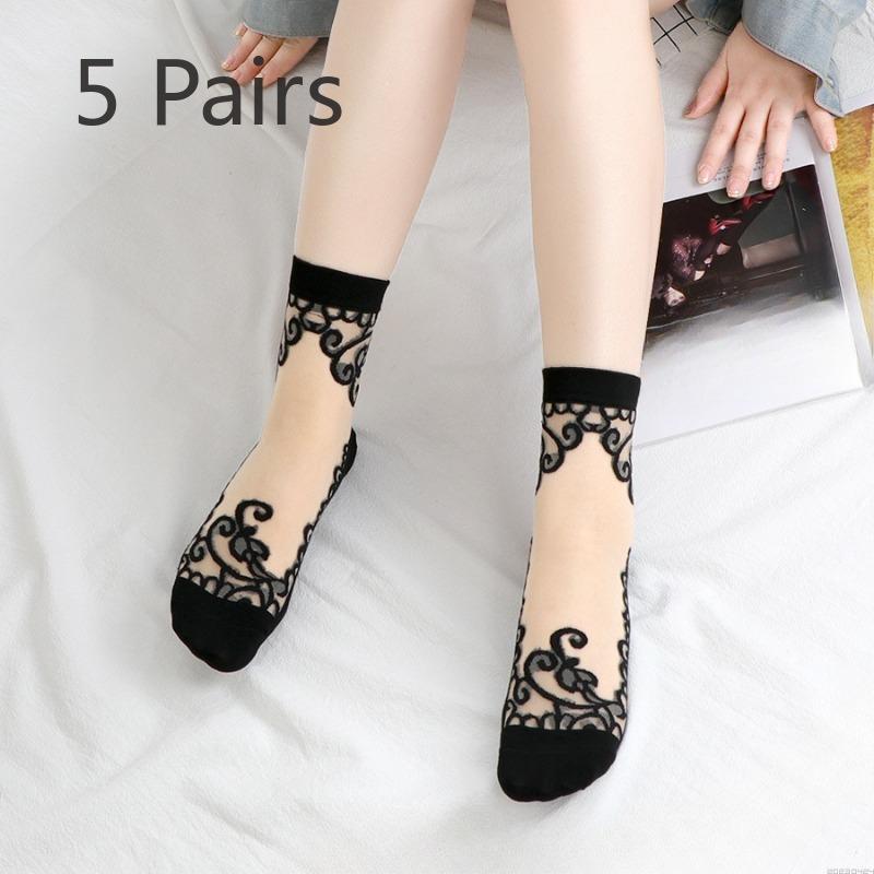 

5 пар женских летних носков средней длины в горошек и полоску из ледяного шелка 5 Pairs чёрный/телесный