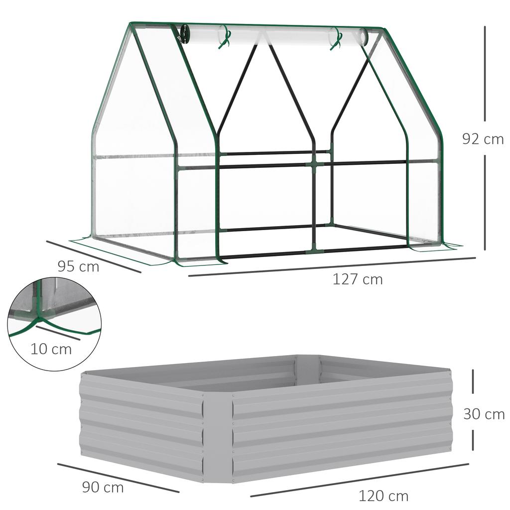 Raised Garden Bed with Greenhouse, Steel Planter Box with Plastic Cover, Roll Up Window, Dual Use for Flowers, Vegetables, Fruits and Herbs