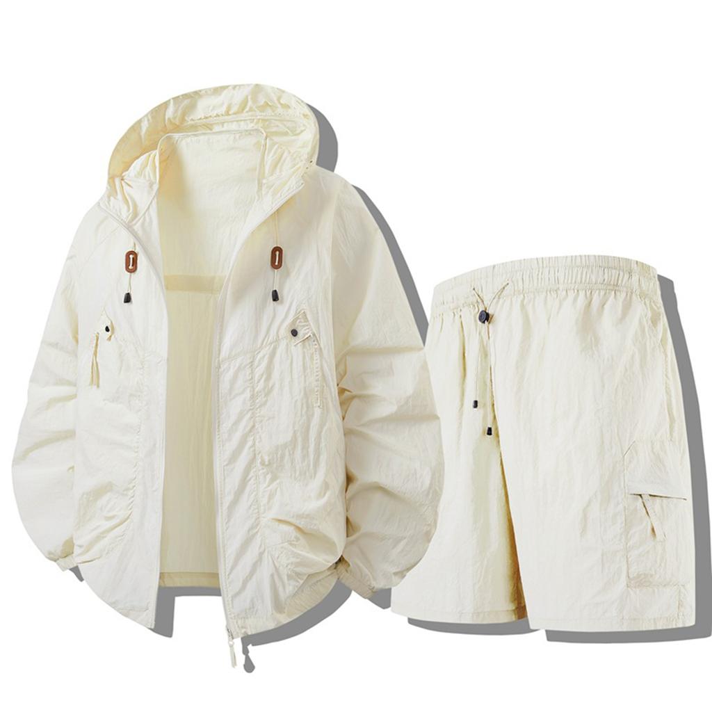 Men’s Lightweight Hooded Windbreaker Jacket and Shorts Set with Zipper Pockets Relaxed Fit Outdoor Wear