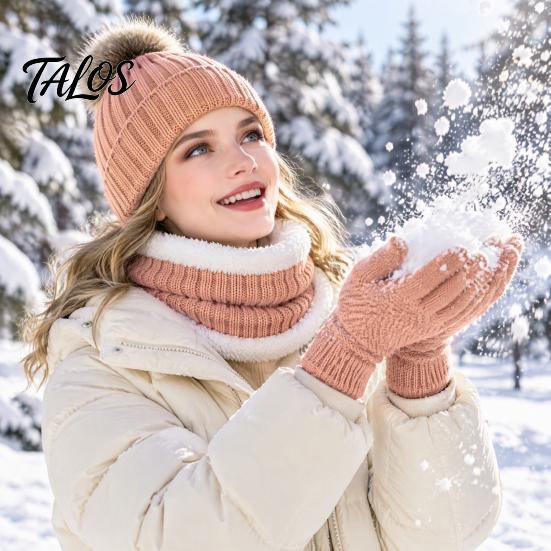 Stylish Winter Outfit Accessories Hat Neck Warmer Gloves Set, Knitted Beanies with Pompom, Touch Thermal Fleece Lined Screen Gloves, Knit for