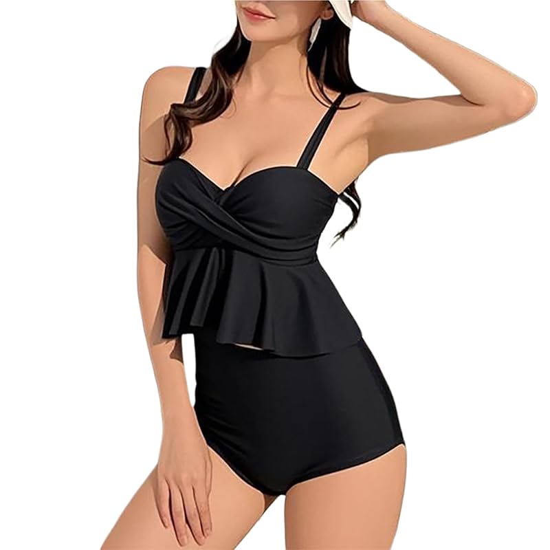 

[Lalapala] bikini ladies swimsuit triangle bikini 2 piece set top and bottom set separate frills summer Plain color Popularity cute beach wear bikini