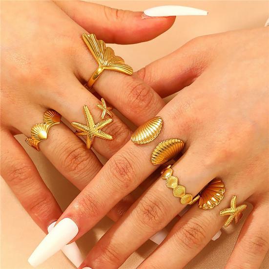 6Pcs/Set Starfish Ocean Rings Set, Stackable Marine Style Rings, Comfortable Wear Summer Beach Jewelry Gift