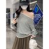 Kumikumi Idle Style Stripe Sloping Shoulder Long Sleeve Knit Women Clothes Autumn All-Match Loose Slimming Chic Top