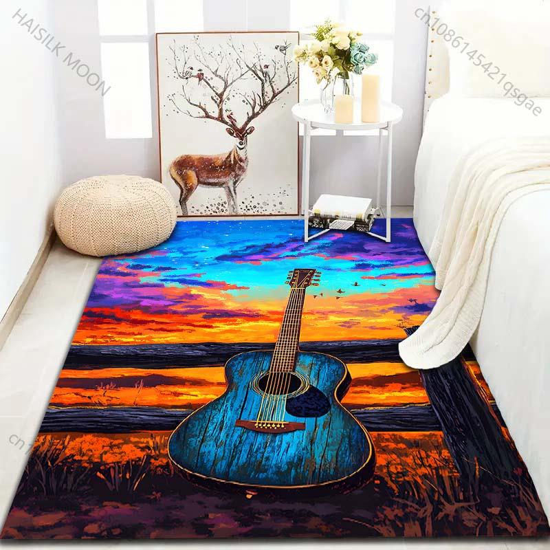 Guitar In The Sunset Print Carpet for Bedroom Living Room Bedside Sofa Floor Mat Modern Home Decor Play Area Rug Large Size