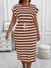Europäisches & Amerikanisches Gestreiftes Schnürkleid für Damen mit taillierter Taille & Rundhalsausschnitt.