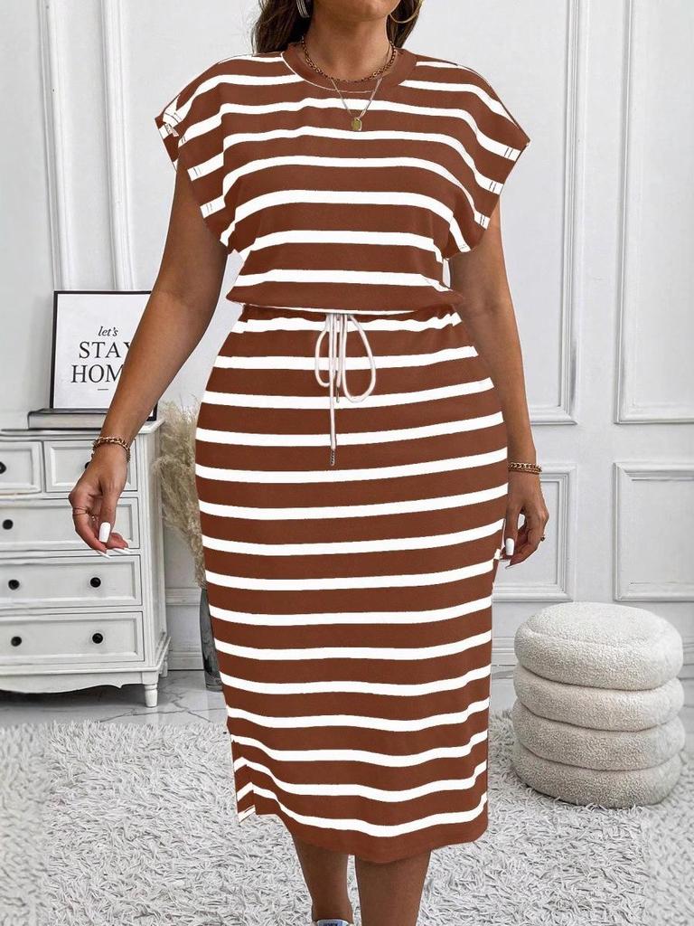 Europäisches & Amerikanisches Gestreiftes Schnürkleid für Damen mit taillierter Taille & Rundhalsausschnitt.